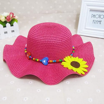 Girls Straw Hat with Flower Round Sunglasses, Summer Foldable Large Brim Sunflower Bowknot Beach Toddler Straw Sun Hat, 2-6T - color: Hot Pink