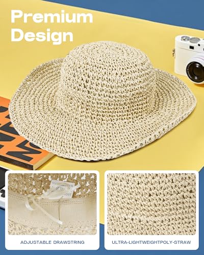Bsubseach Womens Foldable Beach Hat Packable Straw Sun Hat Wide Brim Floppy Hat for Outdoor Travel - color: Beige
