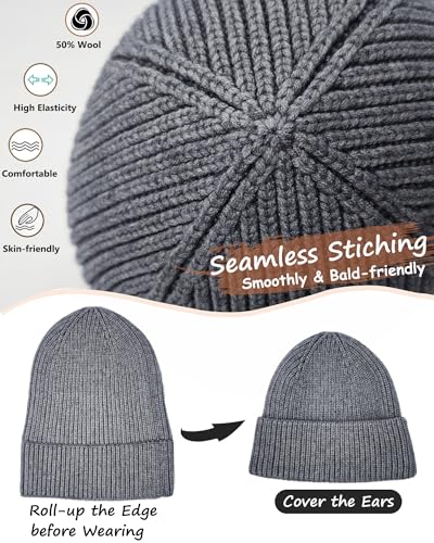 Wool Beanie for Men Women, Seamless Knit Cuffed Warm Winter Hats - color: 1pcs-gray