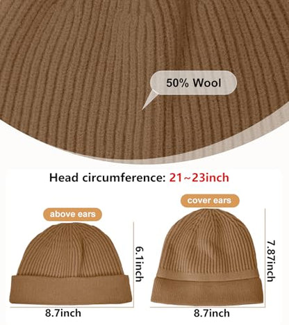 Wool Fisherman Beanie for Men Wome, Thin Knit Winter Hats Skull Cap - color: Khaki