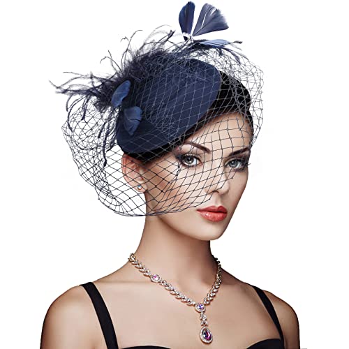 DRESHOW Fascinators Hat Feather Headband Women's Fascinators Tea Party Headwear with Clip Flower Head Band for Girls & Women - color: 6.25" / Navy