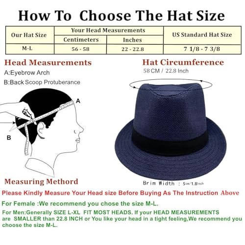 2 Pack Straw Fedora Hats for Men and Women, Short Brim Summer Beach hat, Trilby Panama Sun Hats. - color: Blue/Coffee, size: Medium-Large