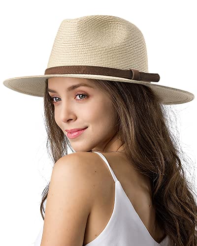 FURTALK Womens Mens Wide Brim Straw Panama Hat Fedora Summer Beach Sun Hat - color: Ae-beige 02, size: Large-X-Large
