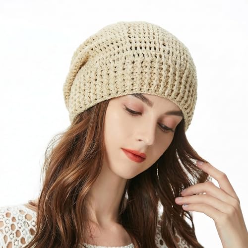 ZLYC Women Cotton Crochet Slouchy Beanie Hat Handmade Knit Summer Skull Cap - color: Beige