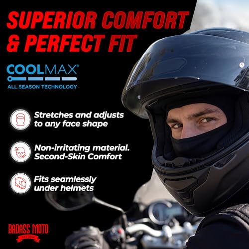 Badass Moto Motorcycle Balaclava Face Mask Men, Black Ski Mask for Men, Motorbike Mask, Neck Gaiter, Full Face Mask Protects from Dust, Sun, Wind, Breathable Motorcycle Riding Gear Fits Under Helmet