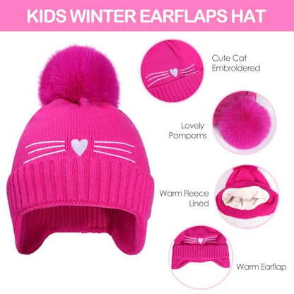 Girls Winter Hat and Gloves Set, Kids Cat Knit Beanie with Earflaps - color: Hot Pink, size: 2-4 Years