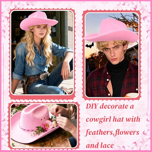 Cowgirl Hat,Western Cowboy Hats Wild West Classic Wide Brim Headwear for Men Women Halloween Cosplay,Themed Party - style: Pink Cowgirl Hat