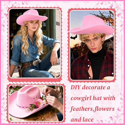 Cowgirl Hat,Western Cowboy Hats Wild West Classic Wide Brim Headwear for Men Women Halloween Cosplay,Themed Party - style: Pink Cowgirl Hat