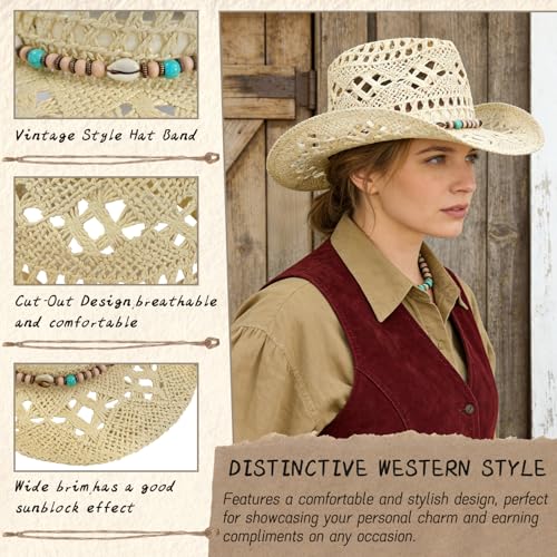 Straw Cowboy Hat for Women, Cowgirl Hat Wide Brim Western Cowboy Hat - color: Style3