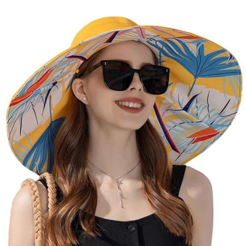Women Summer Rain UV UPF 50 Sun Protection Wide Brim Hat - Foldable Bucket Sun Hat - color: Yellow Floral Print (Double-sided)