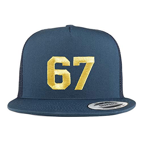 Trendy Apparel Shop Number 67 Gold Thread Embroidered Flat Bill 5 Panel Trucker Cap - color: Navy