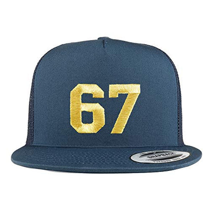 Trendy Apparel Shop Number 67 Gold Thread Embroidered Flat Bill 5 Panel Trucker Cap - color: Navy