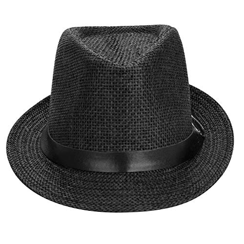 Straw Fedora Hat for Men Women Short Brim Trilby Hat Packable Roll Up Panama Jazz Cap Summer Beach Sun Cap - color: Black