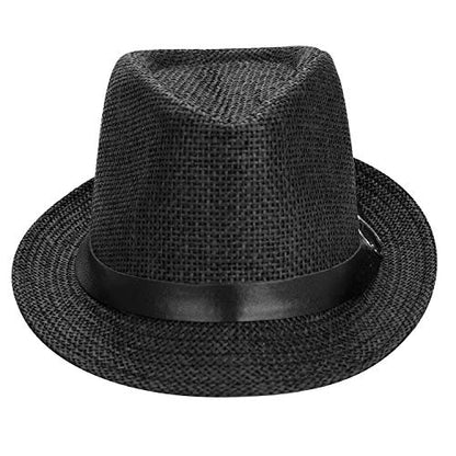 Straw Fedora Hat for Men Women Short Brim Trilby Hat Packable Roll Up Panama Jazz Cap Summer Beach Sun Cap - color: Black