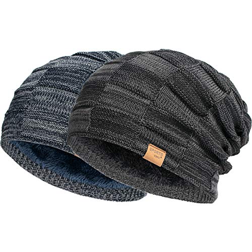 Vgogfly Slouchy Beanie for Men Winter Hats for Guys Cool Beanies Mens Lined Knit Warm Thick Skully Stocking Binie Hat Pairs - color: Black / Navy