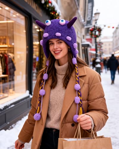 MINGSEECESS Women Girls Knitted Beanie Hat Crochet Braided Knit Warmer Cap Skiing Snowboarding Ear Flap Hats - color: Novelty-purple