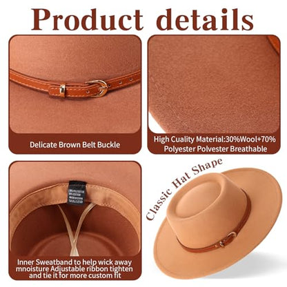 JaGely Hats Felt Hat for Women with Belt - color: Khaki, Black, Brown, Beige With Brown Belt