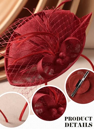 Zinniday Fascinator Tea Party Hat - 2026 Derby Pillbox Kentucky Hat for Women (7.87x5.9inch) - color: Red