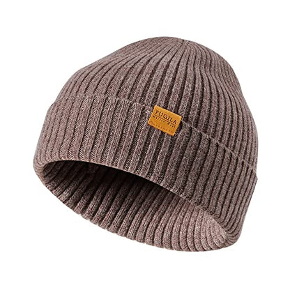100% Merino Wool Cuff Beanie Hat, Unisex Warm Winter Caps Soft, Breathable & Cozy Stretchy Knitted Cuffed Cap - color: Light Coffee