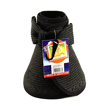 Beach Roll-Up Beach Straw Sun Visor Hat with Bow - color: Black