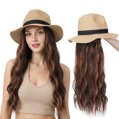 Hat Wig Panama Hat with Mix Brown Long Wave Hair Attached for Women Khaki Color Wide Brim Straw Beach Sun Hat Wig - color: K-Mbrown