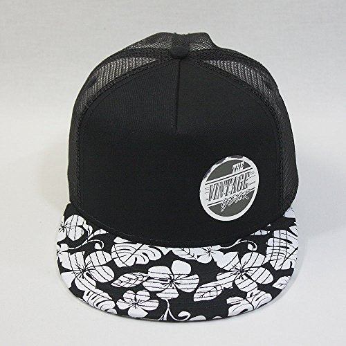 Plain Cotton Twill Flat Brim Mesh Adjustable Snapback Trucker Baseball Cap - color: Flower/Black/Black