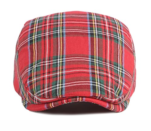 DIYDECAL Plaid Newsboy Hats Retro Flat Cap Gatsby Cabbie Driving Hat for Mens Womens - color: Red