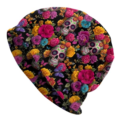 Slouchy Beanie Hat Skull Cap Chemo Headwear Baggy Hats for Men Women Running Cycling - color: Mexican Skull Flowers