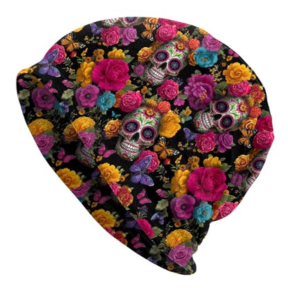 Slouchy Beanie Hat Skull Cap Chemo Headwear Baggy Hats for Men Women Running Cycling - color: Mexican Skull Flowers