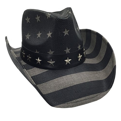 grinderPUNCH Straw Cowboy Hat for Men Women Western Cowgirl Outback Sun Hat - color: Black and Grey