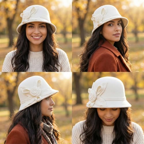 Woolen Cloche Hat for Women, Flower Winter Warm Bucket Cap - color: White