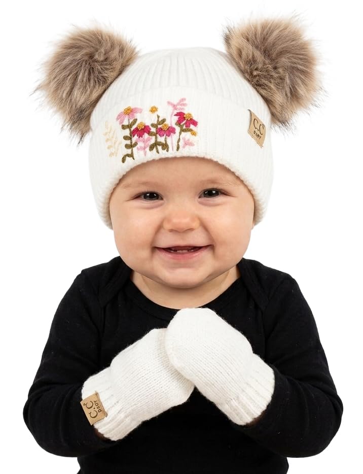 Funky Junque Baby Double Faux Fur Pom Pom Beanie & Mittens Set – Newborn Infant 0–9 Months Winter Hat with Soft Lined Mittens - color: Embroidered Flowers - White (0-9 Months)