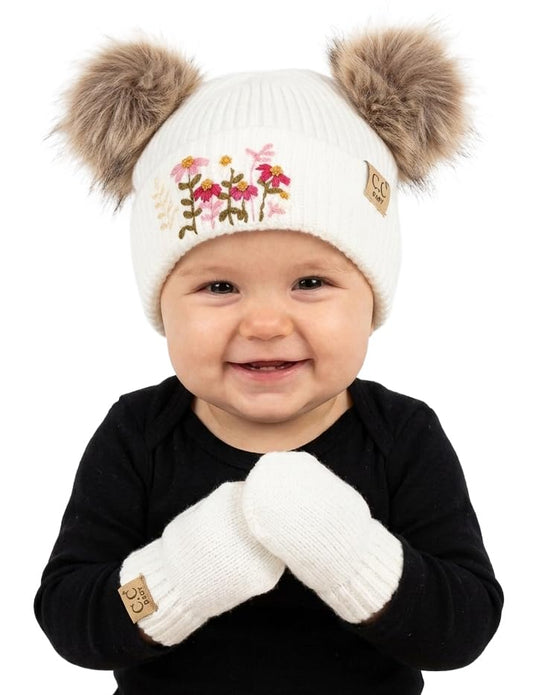 Funky Junque Baby Double Faux Fur Pom Pom Beanie & Mittens Set – Newborn Infant 0–9 Months Winter Hat with Soft Lined Mittens - color: Embroidered Flowers - White (0-9 Months)