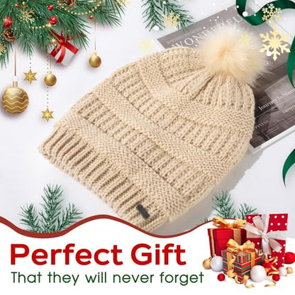 TOP-EX Winter Wool Slouchy Beanie for Women, Warm Faux Fur Pom Hat - color: Beigewhite_fleece Lined