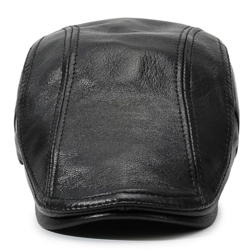 Men's Lambskin Leather Newsboy Flat Cap Gatsby Ivy Cap Driving Hat - color: Black