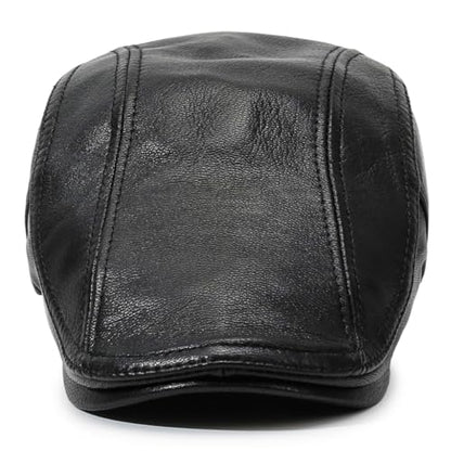 Men's Lambskin Leather Newsboy Flat Cap Gatsby Ivy Cap Driving Hat - color: Black