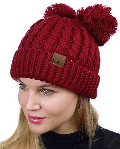 C.C 2 Ear Pom Pom Cable Knit Soft Stretch Cuff Skully Beanie Hat - color: Burgundy