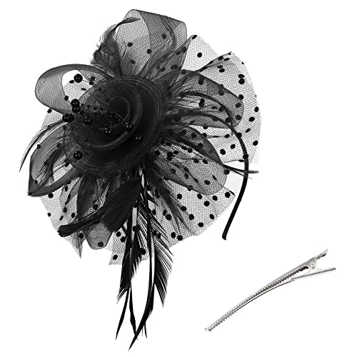 Century Star 2026 Kentucky Hat Derby Fascinator for Women Tea Party Flower Mesh Ribbons Feathers Headband Hair Clips - color: Black