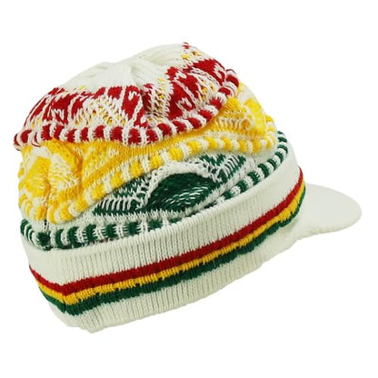 Armycrew Rasta Jamaica Style Thick Acrylic Knit Cuff Beanie Visor - color: White Rgy