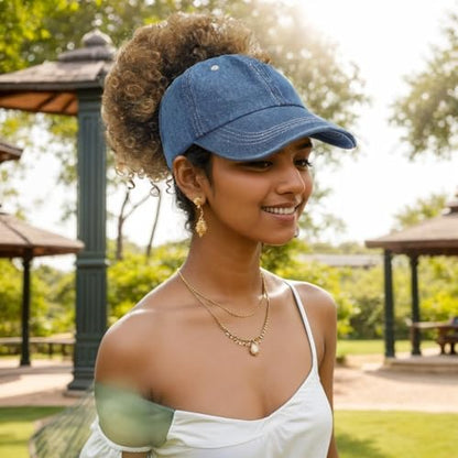 2 Pack Backless Cap for Women Natural Curly Hair Hat Baseball Cap Afro Puff Ponytail Hat - color: Light Blue+blue