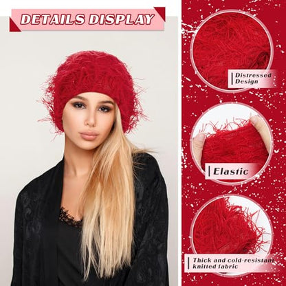 Chuarry Distressed Knitted Beanie Fuzzy Winter Hat - color: Red