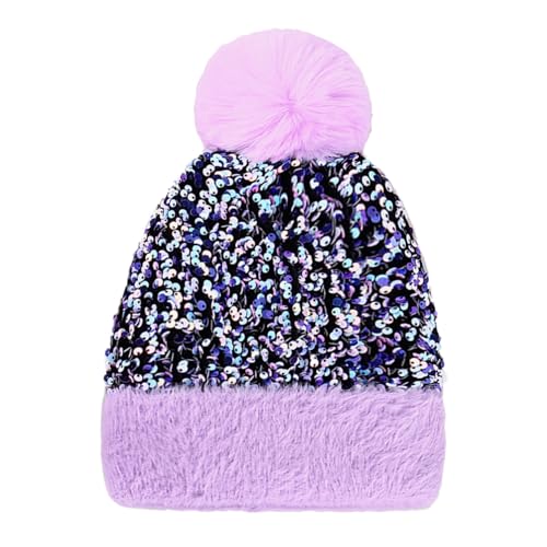 Women Girls Winter Sequin Beanie Hat with Faux Fur Pom Pom Knit Skull Cap - color: Purple