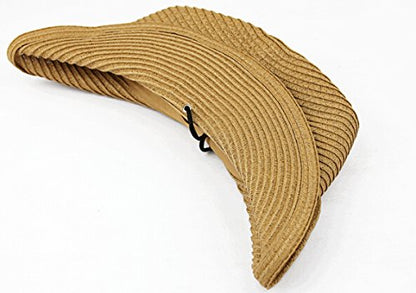 Men's Floppy Packable Straw Hat Beach Cap Newsboy Fedora Sun Hat, Big Brim, Adjustable Chin Strap - color: Khaki