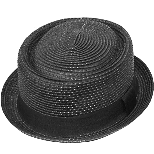 Men's Fancy Summer Straw Pork Pie Derby Fedora Upturn Brim Hat - color: F1857black, size: Large-X-Large