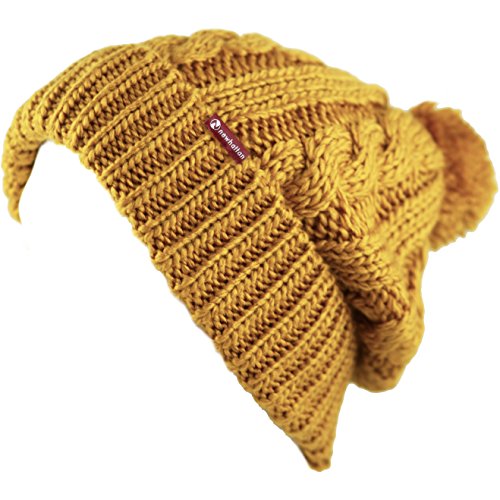 Women and Men Beanie Daily Winter Oversized Thick Stretchy Knitted Pom Pom Beanie Fleece Lined Beanie Hat - color: 1. Curly Mustard W/ Label