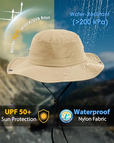 Wide Brim Waterproof Bucket Rain Hat for Women Men UPF50+ Cowboy Sun Hat - color: Ponytail Khaki
