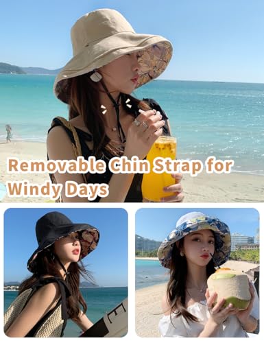 Double Side Womens Floral Wide Brim Sun Hat, UPF50+ UV Protection Reversible Bucket Hat Foldable Adjustable Brim - color: Beige