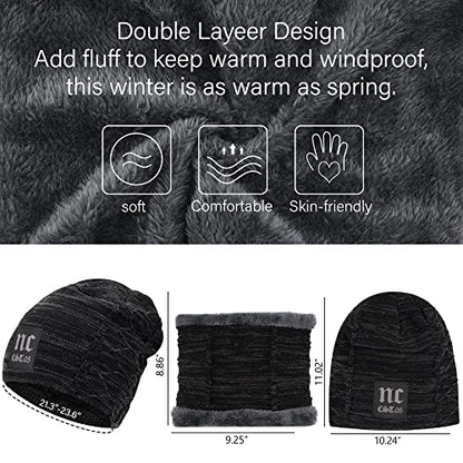 FZ FANTASTIC ZONE Mens Womens Winter Beanie Hats Warm Neck Warmer Scarf Set - color: Nc Black