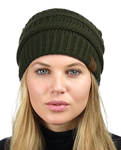 C.C Unisex Chunky Soft Stretch Cable Knit Warm Fuzzy Lined Skully Beanie - color: Dark Olive