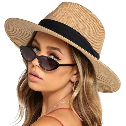 Unisex Adjustable Summer Straw Fedora Hat Sun Cap Panama Wide Brim For Beach Summer Outdoors Camping Supplies - color: Khaki